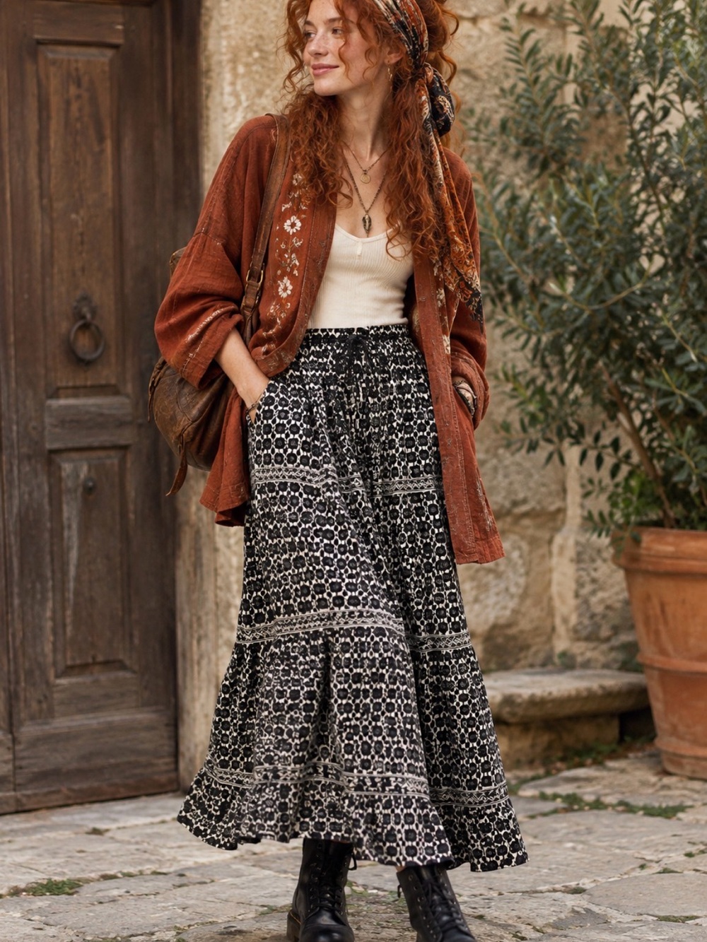 Max Studio Black & White Printed Tiered Maxi Skirt